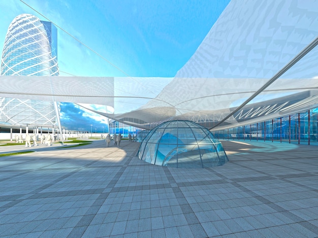 Operated roof design Megamall. Metal and glass construction and awning cover. 3D render