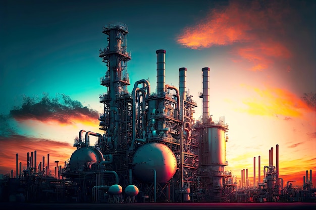 Действующий завод нефтехимической промышленности на фоне рассветного неба