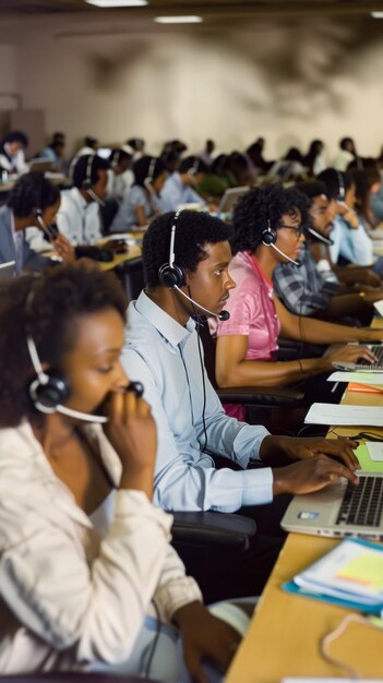 Operation Center with call center operators wearing headsets and working on laptops