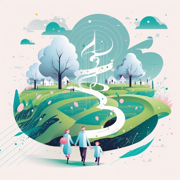 운영 캠페인 디자인 평면 그림 음악 콘서트 시골을 걷는 가족의 날