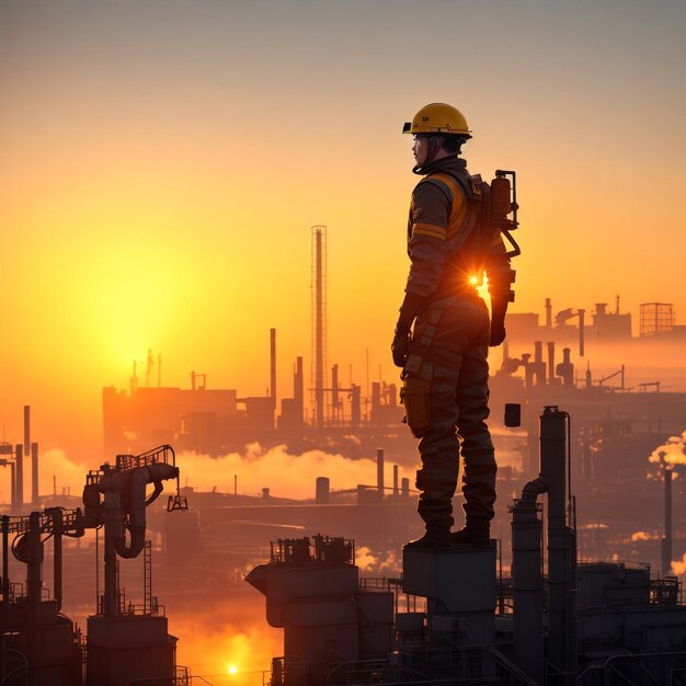 Operator in uniform glimlachend en staande dwarsarm in industriële fabriek