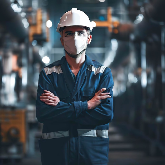 Operator in uniform met de arm overeind in een industriële fabriek