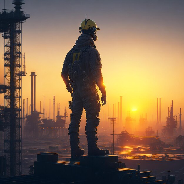 Operator in uniform staande dwarsarm in industriële fabriek