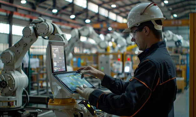 a operator is operating factory robots manufacturing robot