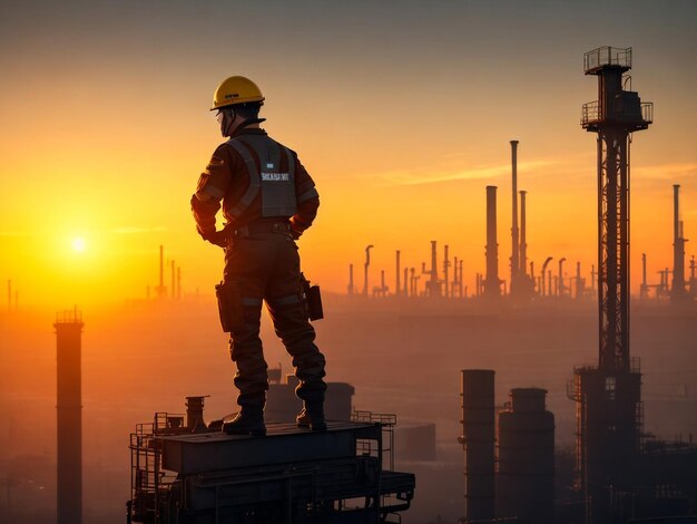 An operator standing facing the industry on sunset