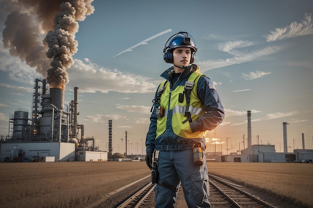 Operator Standing Man in a field of Industry background with fire