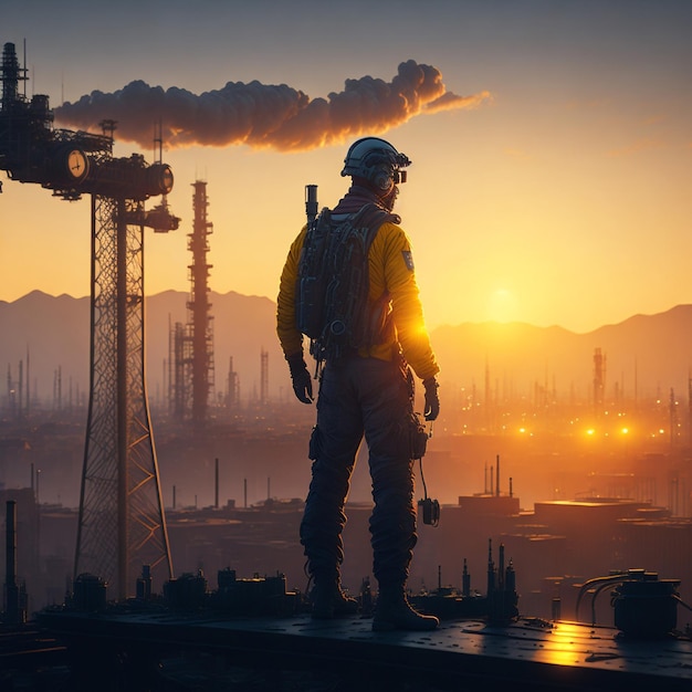 Operator in uniform smiling and standing cross arm in industrial factory