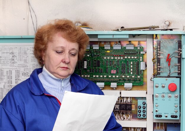 Operator woman-engineer in machine room (elevator) near electronic cabinet.