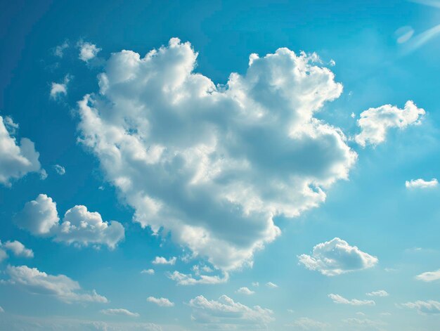Opgeblazen wolken vormen een hartvormige vorm op de blauwe hemel Zomerdag prachtig landschap