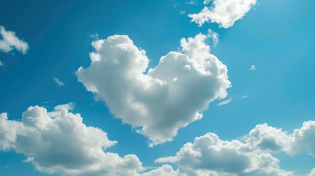 Opgeblazen wolken vormen een hartvormige vorm op de blauwe hemel Zomerdag prachtig landschap