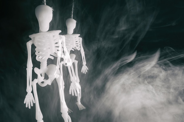 Foto opgehangen skelet op een zwarte achtergrond in rook