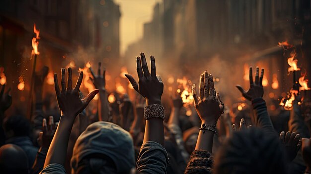 Opgestoken handen van een menigte mensen tijdens een bijeenkomst voor vrijheid, gelijkheid en burgerrechten in de stad