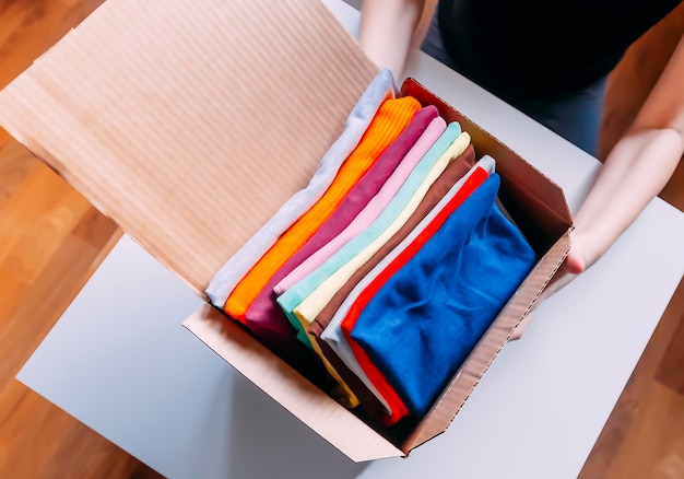 Opgevouwen kleurrijke kleding in een doos Thuis opbergen Verticale opbergers in huis