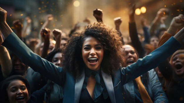 opgewonden Afro-Amerikaanse vrouw met opgeheven handen die succes viert in een nachtclub Generatieve AI