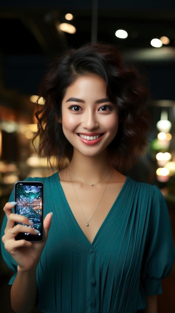 Opgewonden Aziatisch meisje toont mobiele telefoon scherm Oké achtergrond illustratie