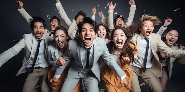 opgewonden Aziatische zakenlieden die plezier hebben samen met vallende confetti ia generatieve