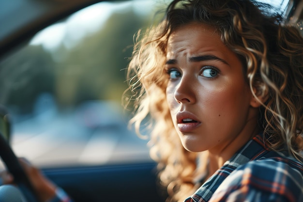 Foto opgewonden bang jonge vrouw chauffeur die een auto rijdt die wegkijkt auto rijlessen ongeluk concept