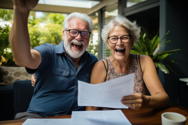 Opgewonden bejaard echtpaar geeft vijf punten volwassen gezin viert succes