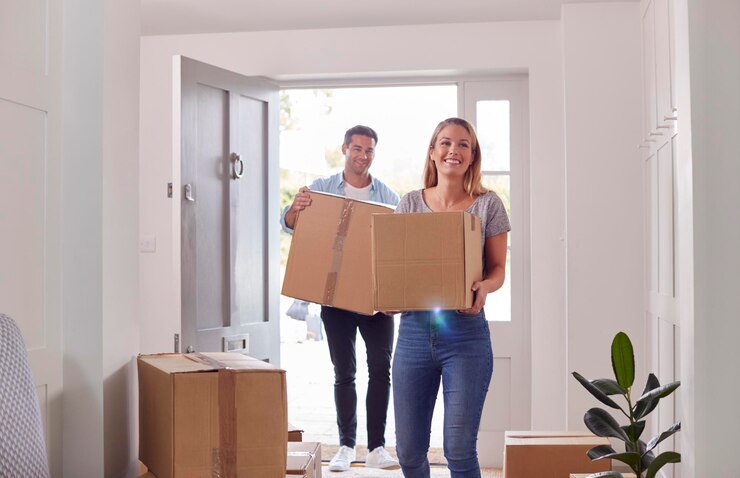 Foto opgewonden echtpaar draagt dozen door de voordeur van het nieuwe huis op de dag van de verhuizing
