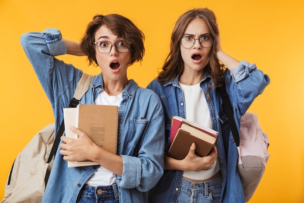 Opgewonden emotionele jonge vrouwenvrienden poseren geïsoleerd over de gele boeken van de muurholding.