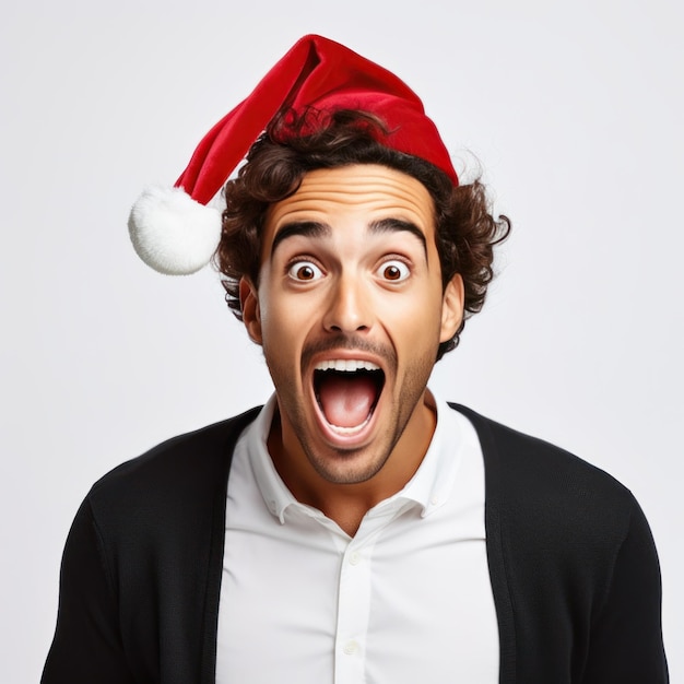 Opgewonden en verrast jongeman in kerstmuts