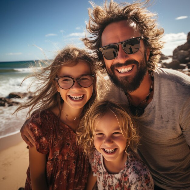 Opgewonden familie die een groepsselfie maakt aan de kust