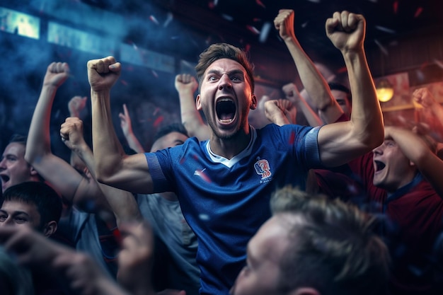 Foto opgewonden franse voetbalfans juichen voor hun team tijdens een wedstrijd in het stadion ai gegenereerd