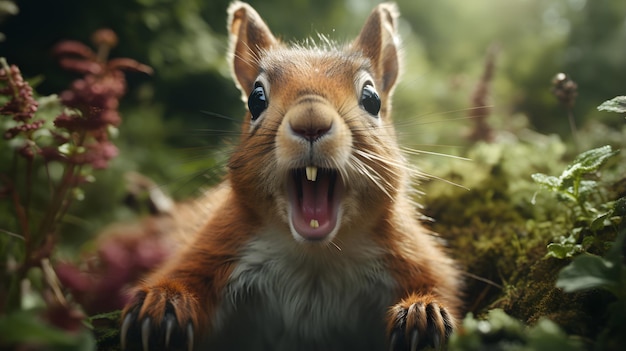 Opgewonden geschokte eekhoorn met verbaasde blik op zijn gezicht in het bos Generatieve AI