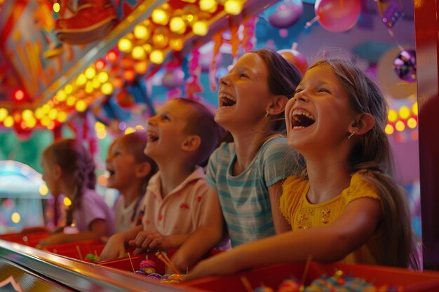 Opgewonden kinderen spelen spelletjes en lachen om een c