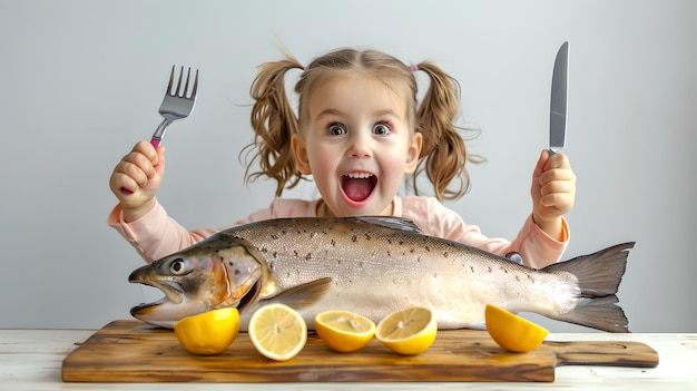 Opgewonden klein meisje klaar om thuis een grote verse vis te eten Vreugdevol culinair avontuur Gezond eten concept voor kinderen Het vangen van het moment van verwachting KI