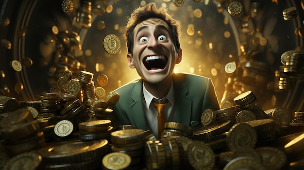 Opgewonden man te midden van een regen van gouden munten