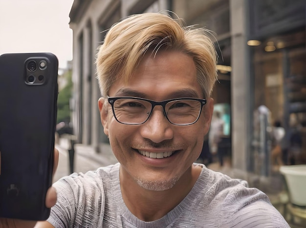 Opgewonden Mid Adult Blonde Aziatische man die zijn smartphone toont terwijl hij naar camera portret kijkt