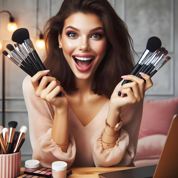 Foto opgewonden mooie blanke vrouw zit aan tafel met make-up gereedschappen die make-up borstels vasthouden