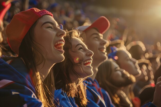 Foto opgewonden sportliefhebbers, versierd met de kleuren van hun teams, vullen het stadion met donderende gejuich