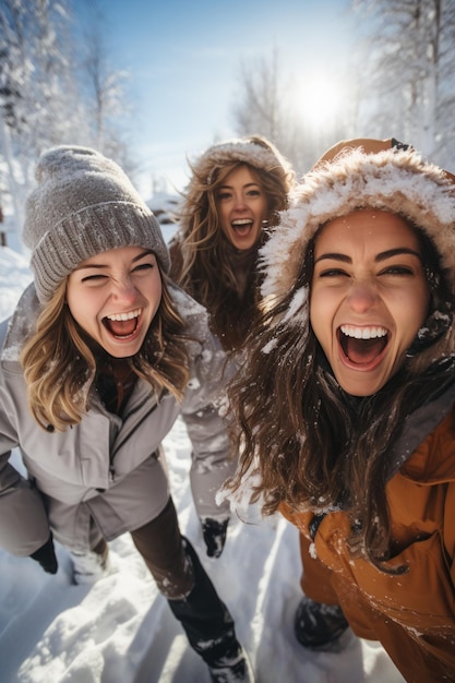 Opgewonden vrienden die in de sneeuw spelen.