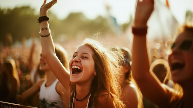 Opgewonden vrienden op een festival voor livemuziek delen de spanning van de muziek en de sfeer