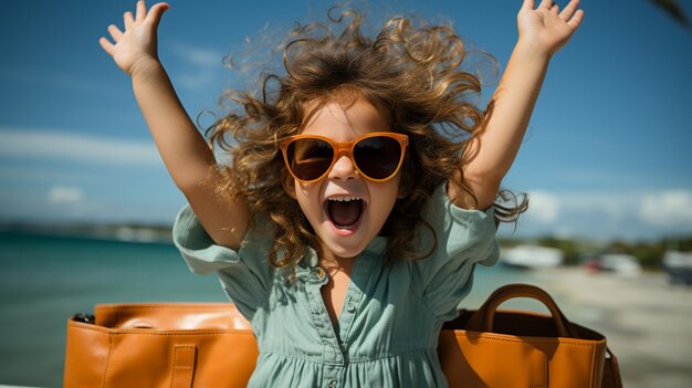 Foto opgewonden vrouw met een zonnebril die van een zomerdag geniet.