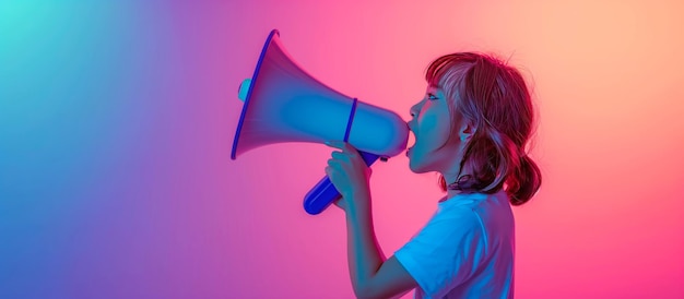 Opgewonden vrouw schreeuwt door een megafoon op een roze en paarse achtergrond