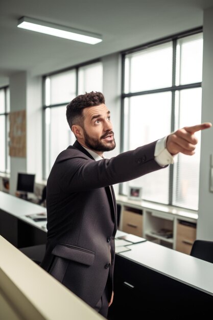 Foto opgewonden zakenman die naar iets wijst terwijl hij alleen op kantoor is, gemaakt met generatieve ai