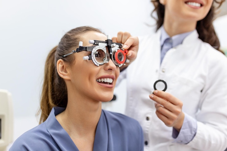 Photo ophthalmologist examining woman with optometrist trial frame female patient to check vision in ophthalmological clinic