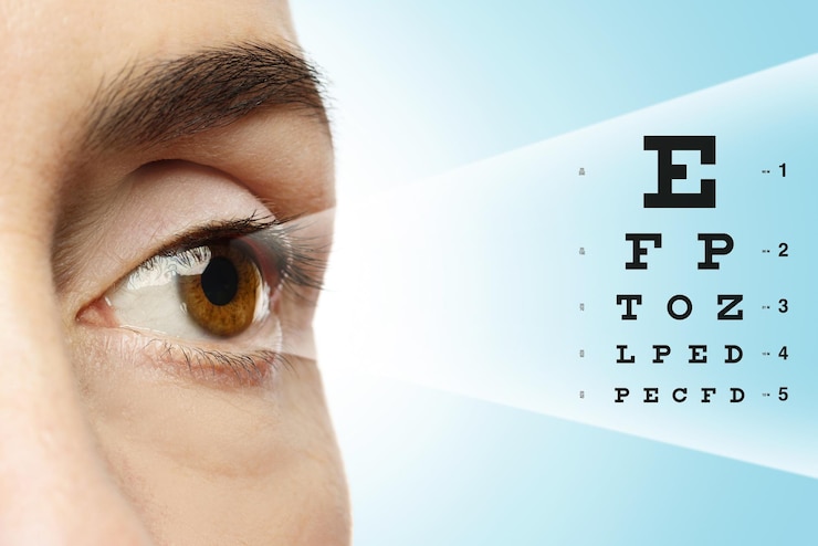 Photo ophthalmology - closeup of female eye and chart for sight test