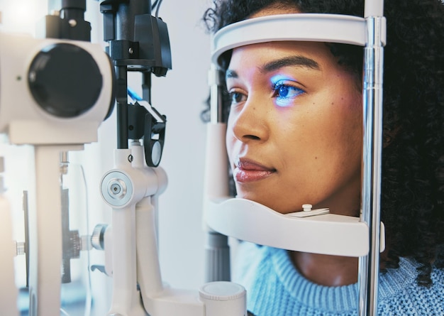 Ophthalmology medical and eye exam with black woman and consulting for vision healthcare and glaucoma check Laser light and innovation with face of patient and machine for scanning and optometry