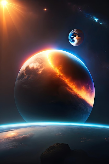 Opkomende zon boven de planeet aarde in de ruimte Planeetweergave met maanhorizon Astronomieachtergrond