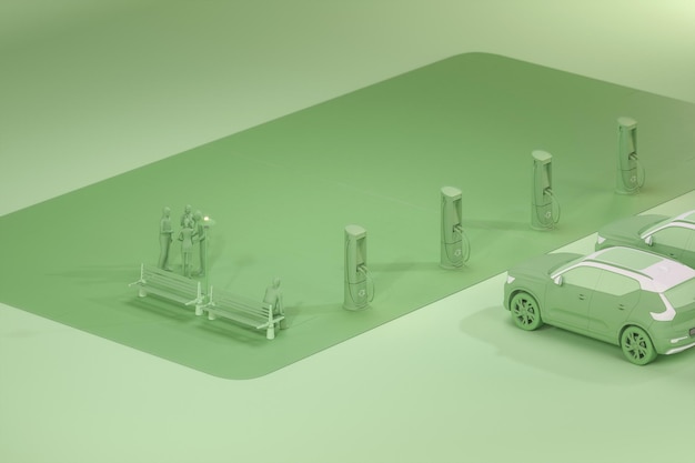 Oplaadstation voor elektrische auto op groene achtergrond Voeding voor opladen van elektrische auto 3d render