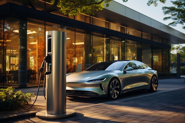 Opladen van elektrische auto's in de open lucht groene energie Generatieve AI