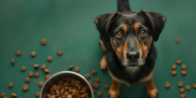 Oplettend gemengd ras hond met voedselschaal