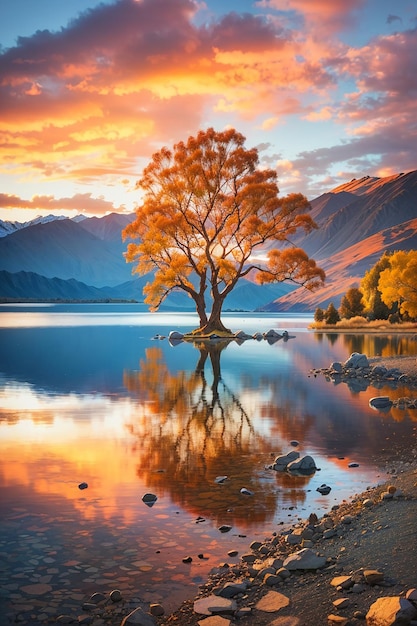 Opmerkelijk landschap van kleurrijke herfst Wanaka Lake met zonsopgang in de frisse ochtend ai-afbeelding