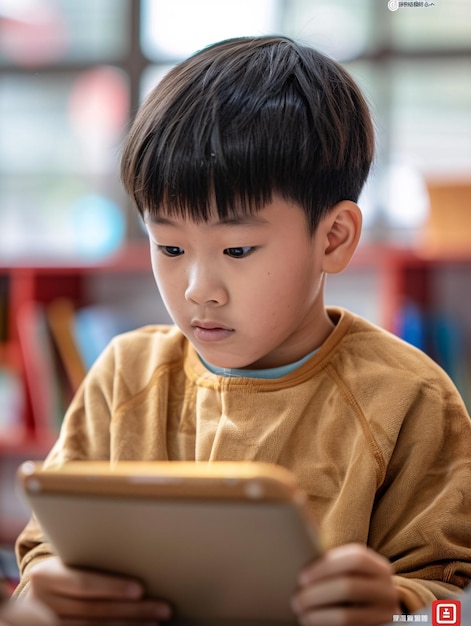 Opmerkzame Aziatische student die een tablet gebruikt voor virtueel leren in een STEM-les