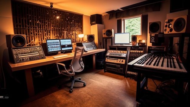 Opname controlekamer compleet met mixing desk versterker piano gitaar microfoon