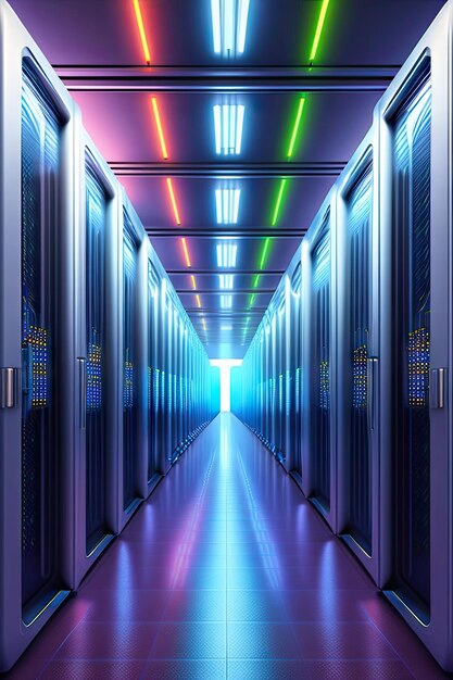 Foto opname van een gang in een werkend datacentrum vol rackservers en supercomputers met een hoge internet v